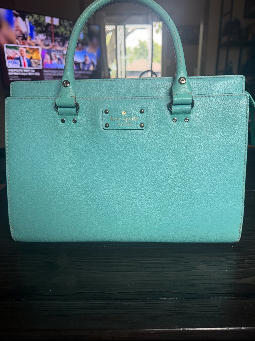kate spade turquoise pebbled tote with gold-tone logo plate - Picture 2 of 9